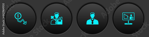 Set Dollar rate decrease, Employee dismissal, Worker and Global economic crisis news icon. Vector