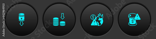Set Drop in crude oil price, Dollar rate decrease, Global economic crisis and icon. Vector