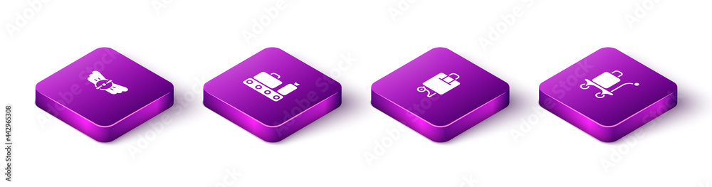 Set Isometric Aviation emblem, Conveyor belt with suitcase, Suitcase and Trolley baggage icon. Vector Set Isometric Aviation emblem, Conveyor belt with suitcase, Suitcase and Trolley baggage icon. Vector
