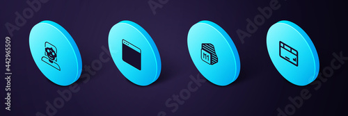 Set Isometric Keyboard, Processor, Browser window and Hacker coder icon. Vector