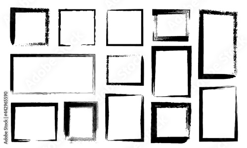 Grunge frames. Dirty borders with black paint brush strokes. Ink rectangle edges with distress texture. Rough line sketch squares vector set