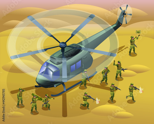 Special Forces land troops from a helicopter and attacking in the desert isometric icons on isolated background