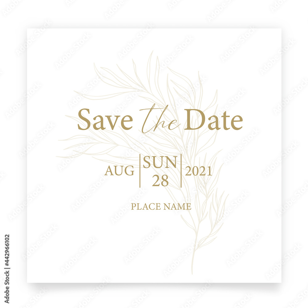 Save the date card. Wedding invitation template, with leaves in line. Minimalism style. Save the date card. Wedding invitation template, with leaves in line. Minimalism style.