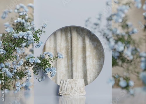 3D background beige cloth podium display. Nature rose flower blossom. Feminine summer and spring blue pedestal showcase frame for beauty product, cosmetic promotion. Abstract, garden mockup 3D render