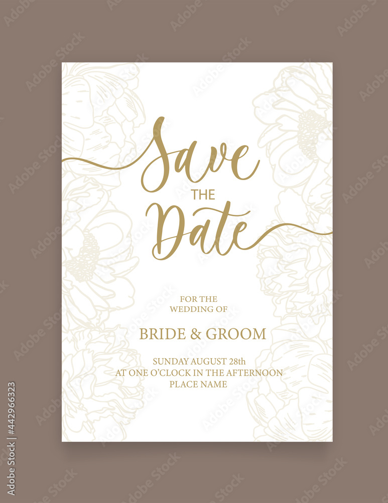 Save the date card. Wedding invitation template, with flowers peony in line. Minimalism style with calligraphy.