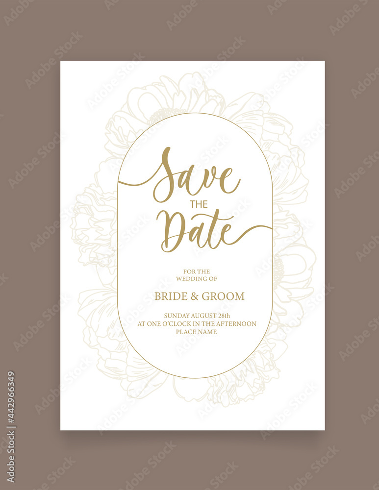 Save the date card. Wedding invitation template, with flowers peony in line. Minimalism style with calligraphy. Save the date card. Wedding invitation template, with flowers peony in line. Minimalism style with calligraphy.