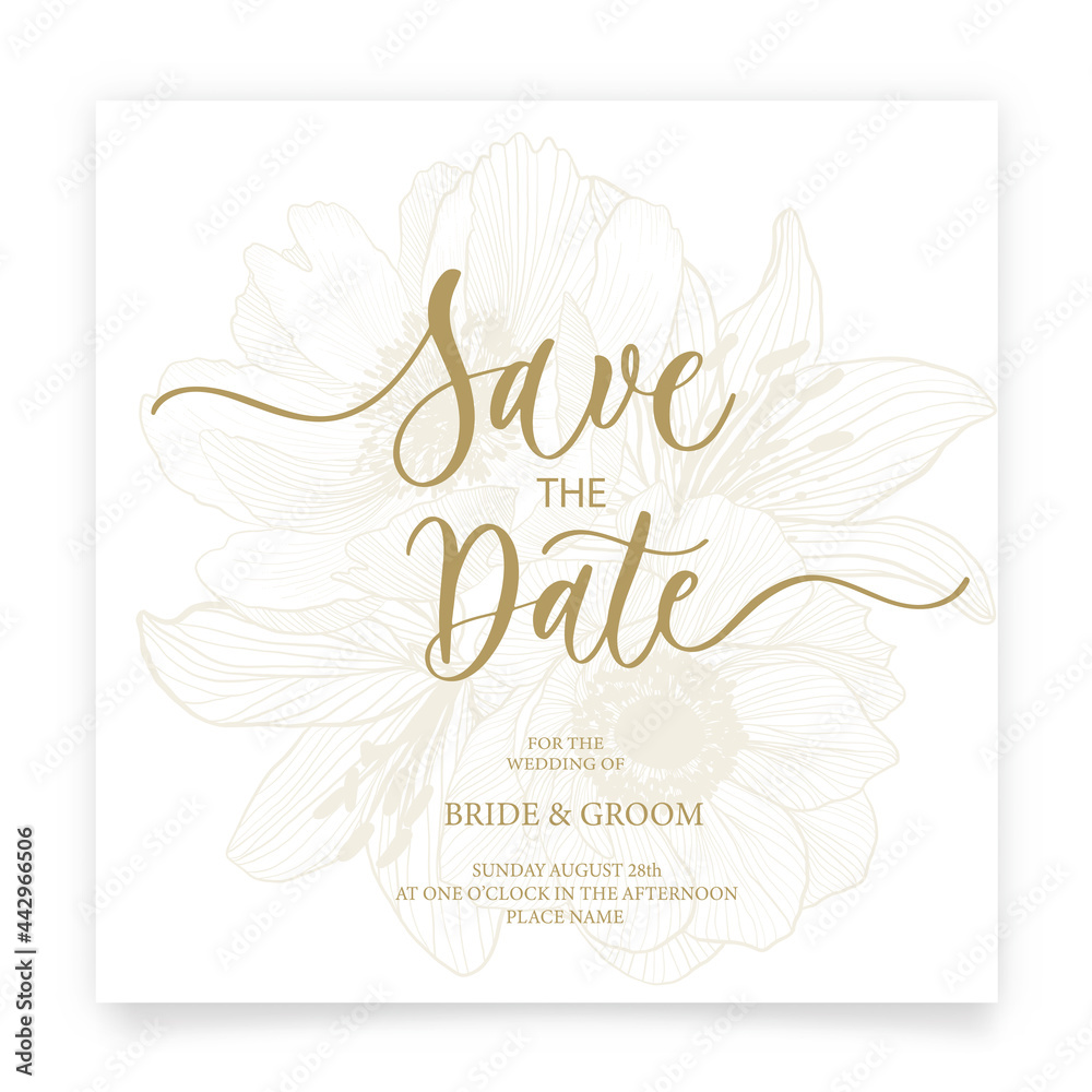 Save the date card. Wedding invitation template, with flowers: peony, poppy, lily in line. Minimalism style with calligraphy.