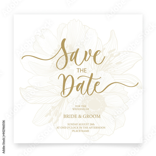 Save the date card. Wedding invitation template, with flowers: peony, poppy, lily in line. Minimalism style with calligraphy.