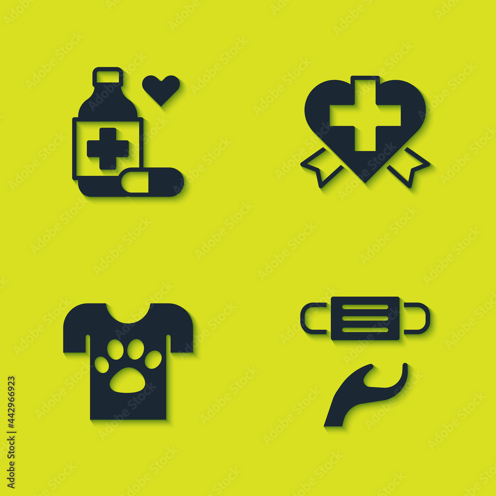Obraz premium Set Medicine bottle and pills, Medical protective mask, Animal volunteer and Heart with cross icon. Vector