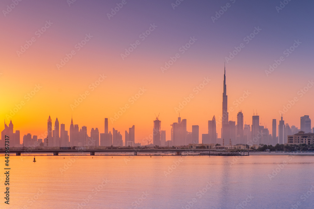 morning silence above bay with view to Dubai skyscrapers with copy space