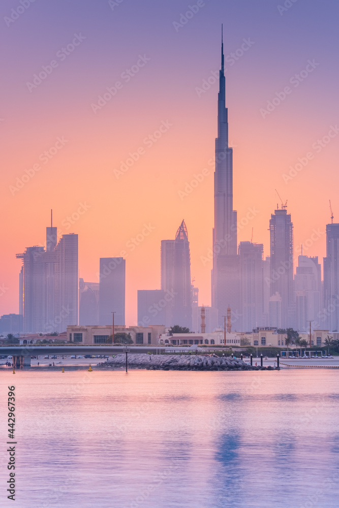 silhouette of Burj Khalifa building in morning twilight in Dubai