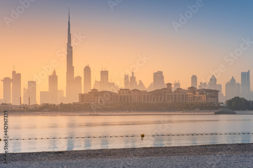 city view from beach to Dubai city in morning