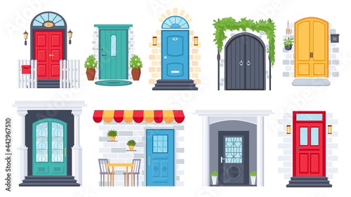 House front entrance. Building door architecture with arches, columns, flower pots, lamp, doorstep and mat. Facade wall exterior vector set