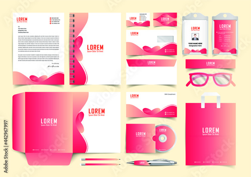 Stationery Corporate Brand Identity Mockup set with pink and white abstract geometric design. Business stationary mockup template of Guide, annual report cover, brochure, bag, corporate Letterhead.