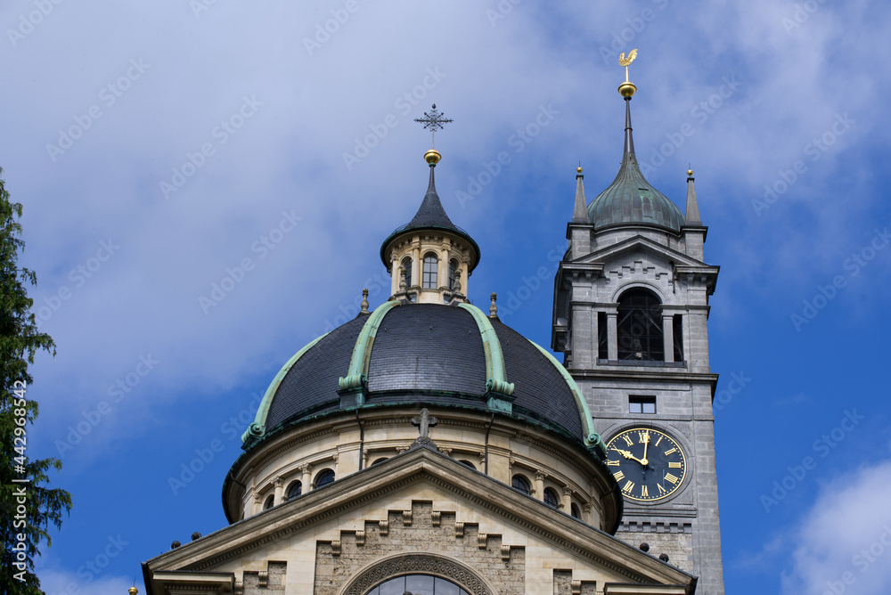 Front view of protestant church Zurich Enge at summer day morning. Photo taken July 2nd, 2021, Zurich, Switzerland.