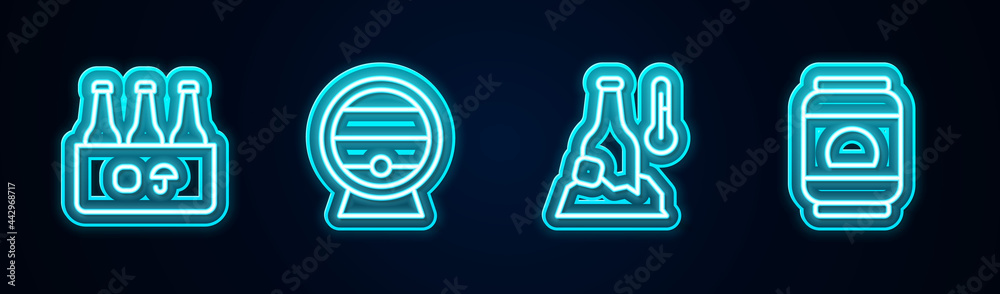 Set line Pack of beer bottles, Wooden barrel on rack, Cold and Beer can. Glowing neon icon. Vector Set line Pack of beer bottles, Wooden barrel on rack, Cold and Beer can. Glowing neon icon. Vector