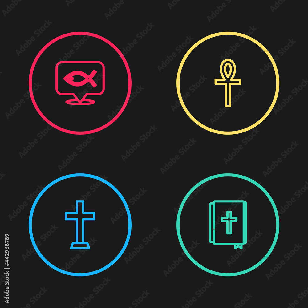 Set line Christian cross, Holy bible book, Cross ankh and fish icon. Vector Set line Christian cross, Holy bible book, Cross ankh and fish icon. Vector