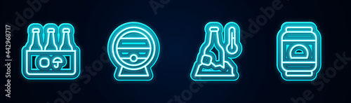 Set line Pack of beer bottles, Wooden barrel on rack, Cold and Beer can. Glowing neon icon. Vector