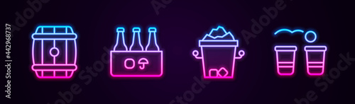 Set line Wooden barrel, Pack of beer bottles, Ice bucket and Beer pong game. Glowing neon icon. Vector