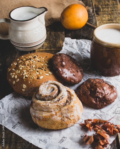 food photograpy of coffee and bread breakfast photo