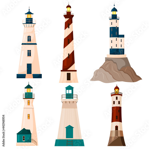 A set of six beacons isolated on a white background. Stylization. Vector illustration.
