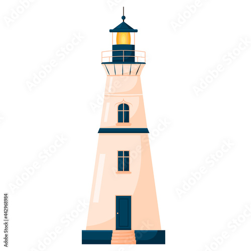 The lighthouse tower is isolated on a white background. Stylization. Vector illustration.