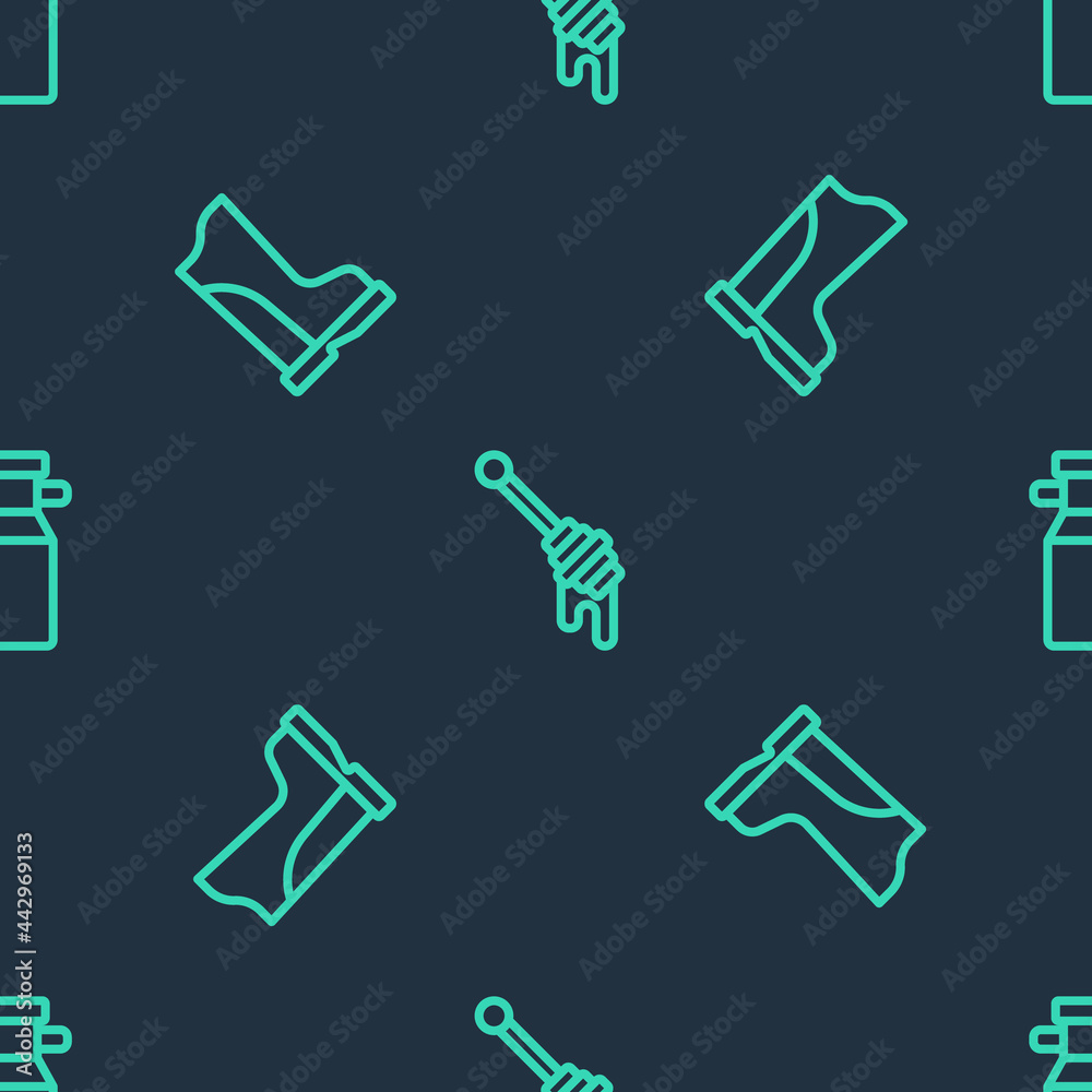 Fototapeta premium Set line Honey dipper stick, Waterproof rubber boot and Can container for milk on seamless pattern. Vector