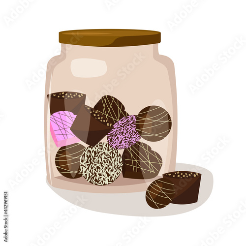 Glass jar of chocolates on the white isolated background. Vector illustration. Decoration element for scrapbooking, planer, postcard. Various candy.