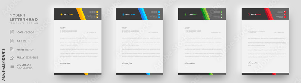 corporate modern letterhead design template with yellow, blue, green and red color. creative modern letter head design template for your project. letterhead, letter head, simple letterhead design.