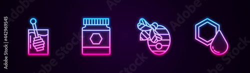 Set line Honey dipper stick, Jar of honey, Hive for bees and Honeycomb. Glowing neon icon. Vector