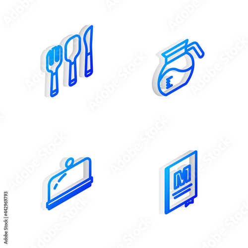 Set Isometric line Coffee pot, Fork, spoon and knife, Covered with tray and Restaurant cafe menu icon. Vector