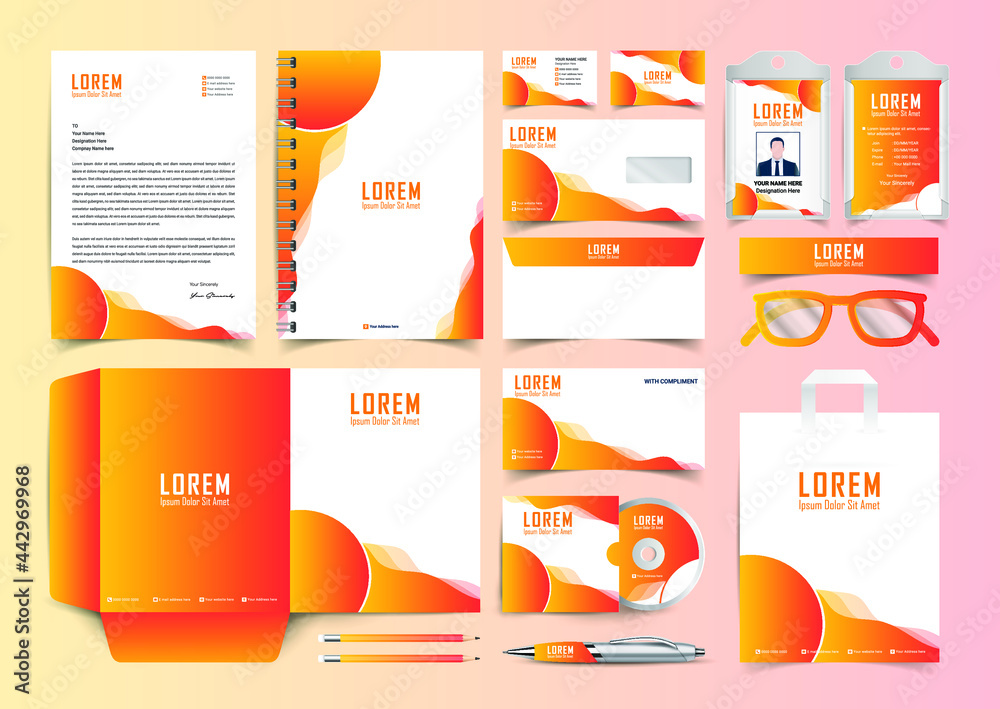 Stationery Corporate Brand Identity Mockup set with orange abstract geometric design. Business stationary mockup template of Guide, annual report cover, brochure, bag, corporate Letterhead.