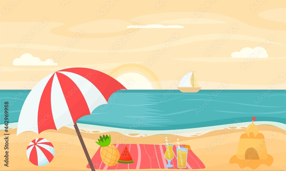 The concept of a summer beach on the seashore. Design of the background of a summer tropical trip.