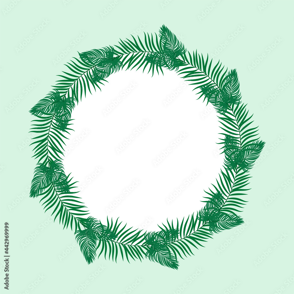Round green frame made of palm leaves. Vector flat design elements