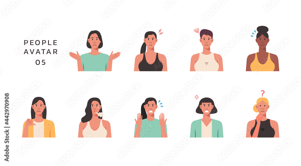People portraits of young women with negative emotion, female faces avatars isolated icons set, vector design flat style illustration People portraits of young women with negative emotion, female faces avatars isolated icons set, vector design flat style illustration