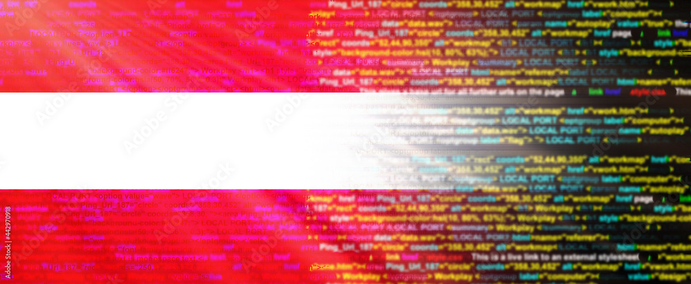 Creative (Austria) flag banner of Binary Code ,modern technology and site development, 3D illustration.