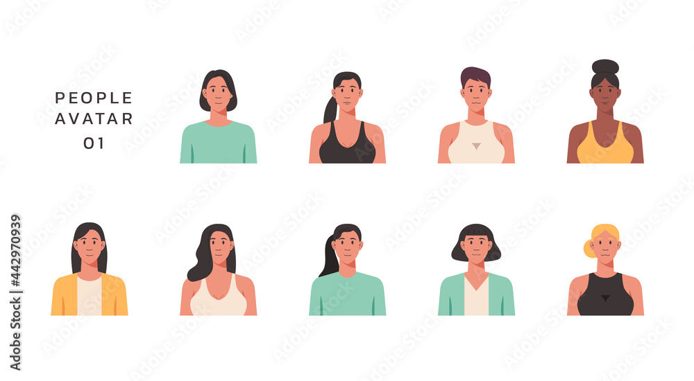 People portraits of young women isolated icons set, female faces avatars, vector design flat style illustration People portraits of young women isolated icons set, female faces avatars, vector design flat style illustration