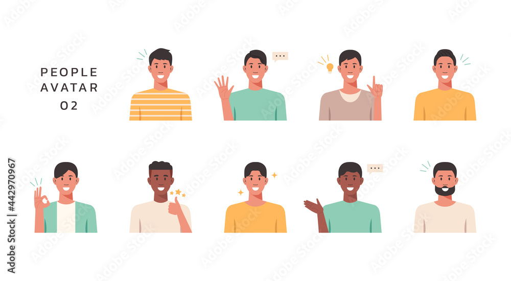 People portraits of young men with positive emotion, male faces avatars isolated icons set, vector design flat style illustration People portraits of young men with positive emotion, male faces avatars isolated icons set, vector design flat style illustration