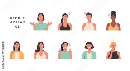 People portraits of young women with negative emotion, female faces avatars isolated icons set, vector design flat style illustration