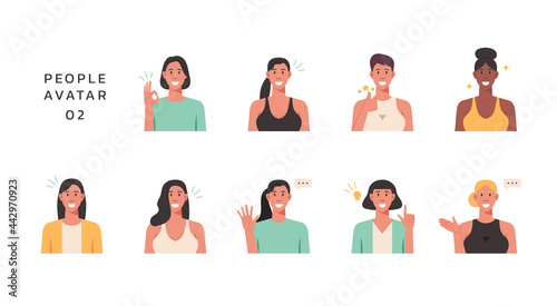 People portraits of young women with positive emotion, female faces avatars isolated icons set, vector design flat style illustration