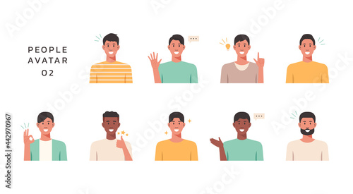 People portraits of young men with positive emotion, male faces avatars isolated icons set, vector design flat style illustration