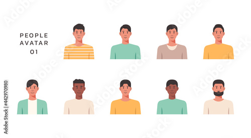 People portraits of young men isolated icons set, male faces avatars, vector design flat style illustration
