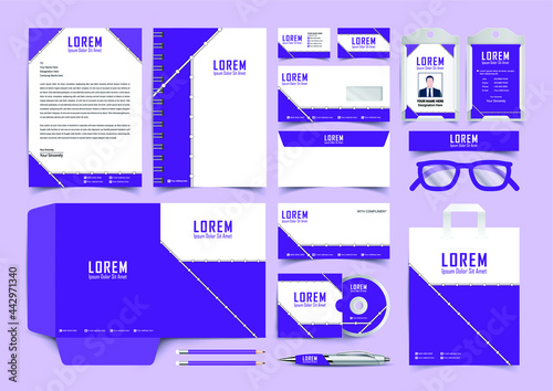 Stationery Corporate Brand Identity Mockup set with blue and white abstract geometric design. Business stationary mockup template of Guide, annual report cover, brochure, bag, corporate Letterhead.