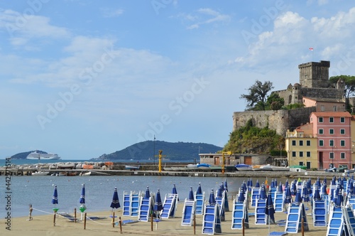 Lerici, Itali.Ligurian coast.Castello di San Terenzo. Seascape with ocean liner.
