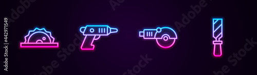 Set line Electric circular saw, cordless screwdriver, Angle grinder and Rasp metal file. Glowing neon icon. Vector