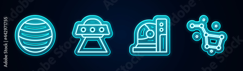 Set line Planet, UFO flying spaceship, Astronaut helmet and Great Bear constellation. Glowing neon icon. Vector