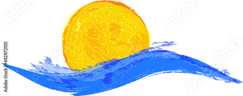 Ocean, sun and Blue Abstract Waves . Sunset Logo Element. Surfing Icon . Brush Stroke . Vector Illustration. 