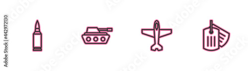 Set line Bullet, Plane, Military tank and dog tag icon. Vector