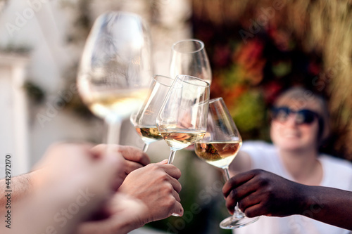 toast with white wine. multiracial people clinking glasses with wine on terrace, cafe, restaurant, party. © Carlo