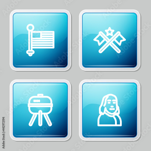 Set line American flag, , Barbecue grill and Benjamin Franklin icon. Vector